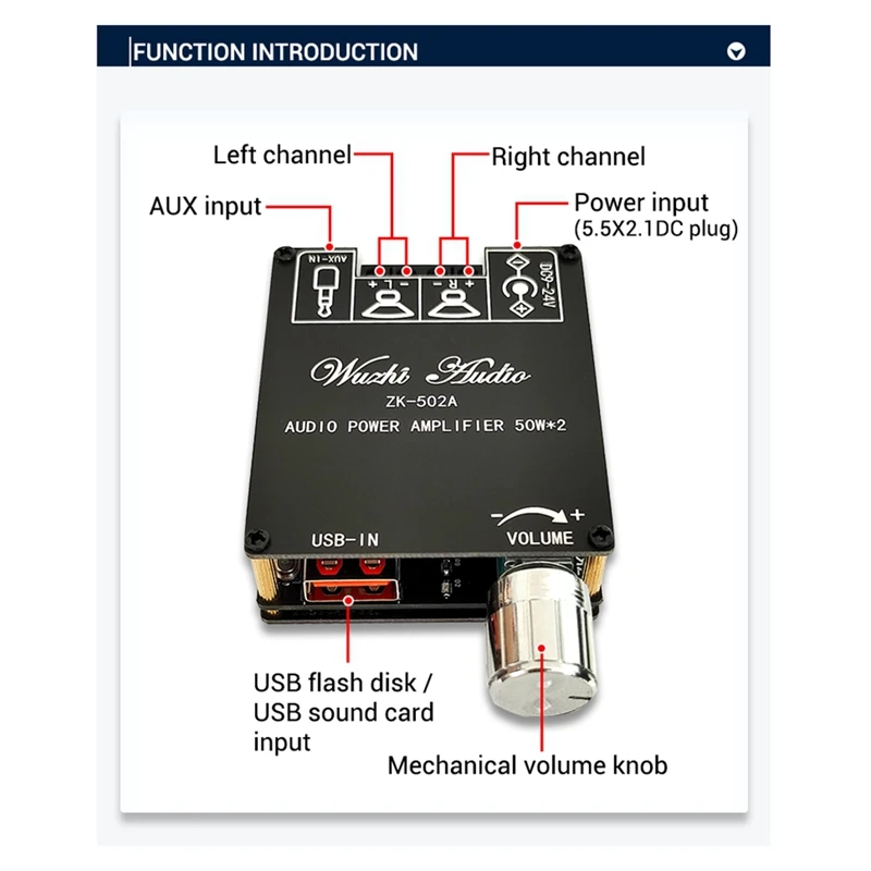 ZK-502A Mini Bluetooth 5.1 DC9-24V Moduł płytki cyfrowego wzmacniacza mocy audio 2.1 kanałów 2.0 Stereo 50Wx2 Amp Board