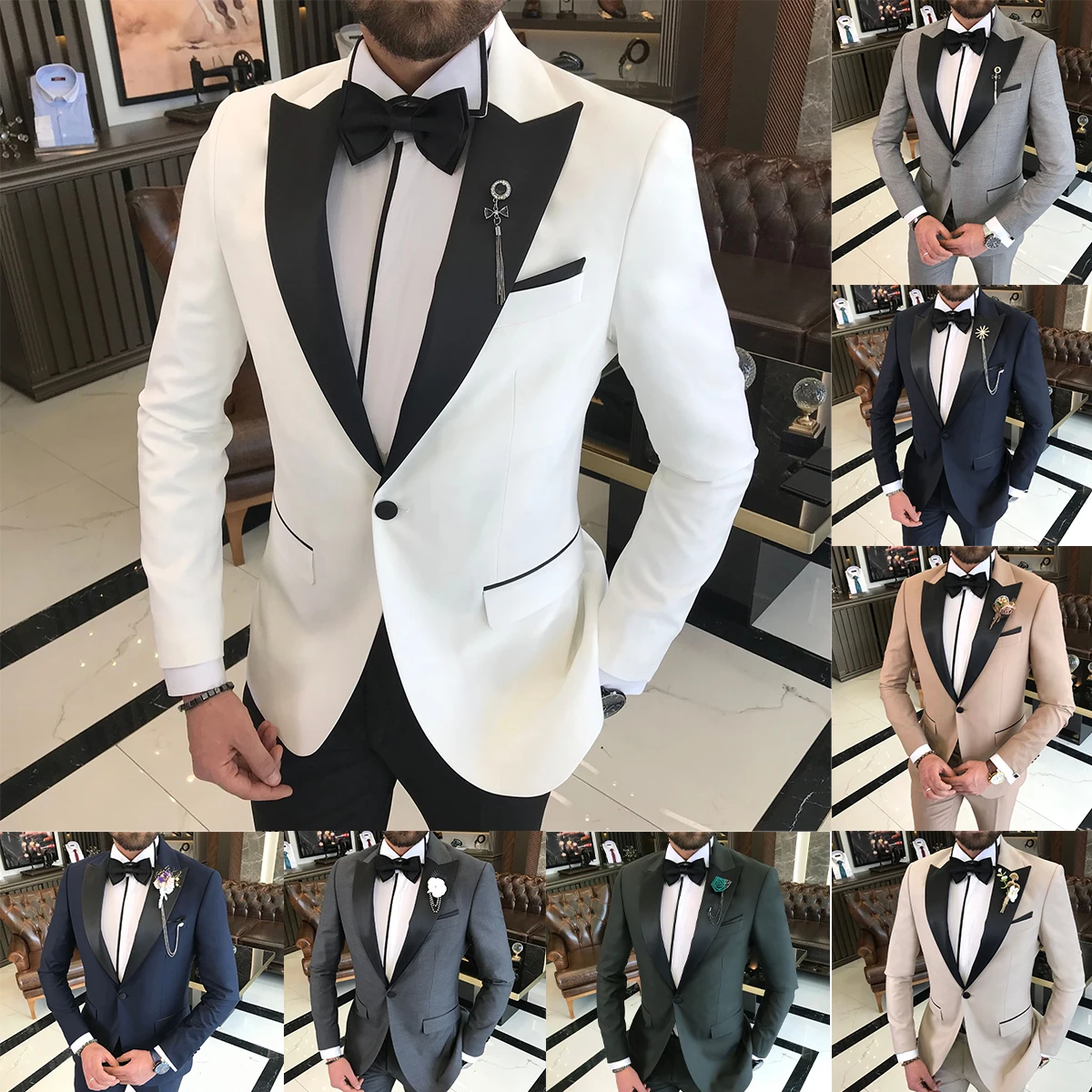 

Handsome Men Suits Tuxedo Peaked Lapel One Button Pockets Customized 2 Pieces Blazer Black Pants Tailored Groom Classic Formal