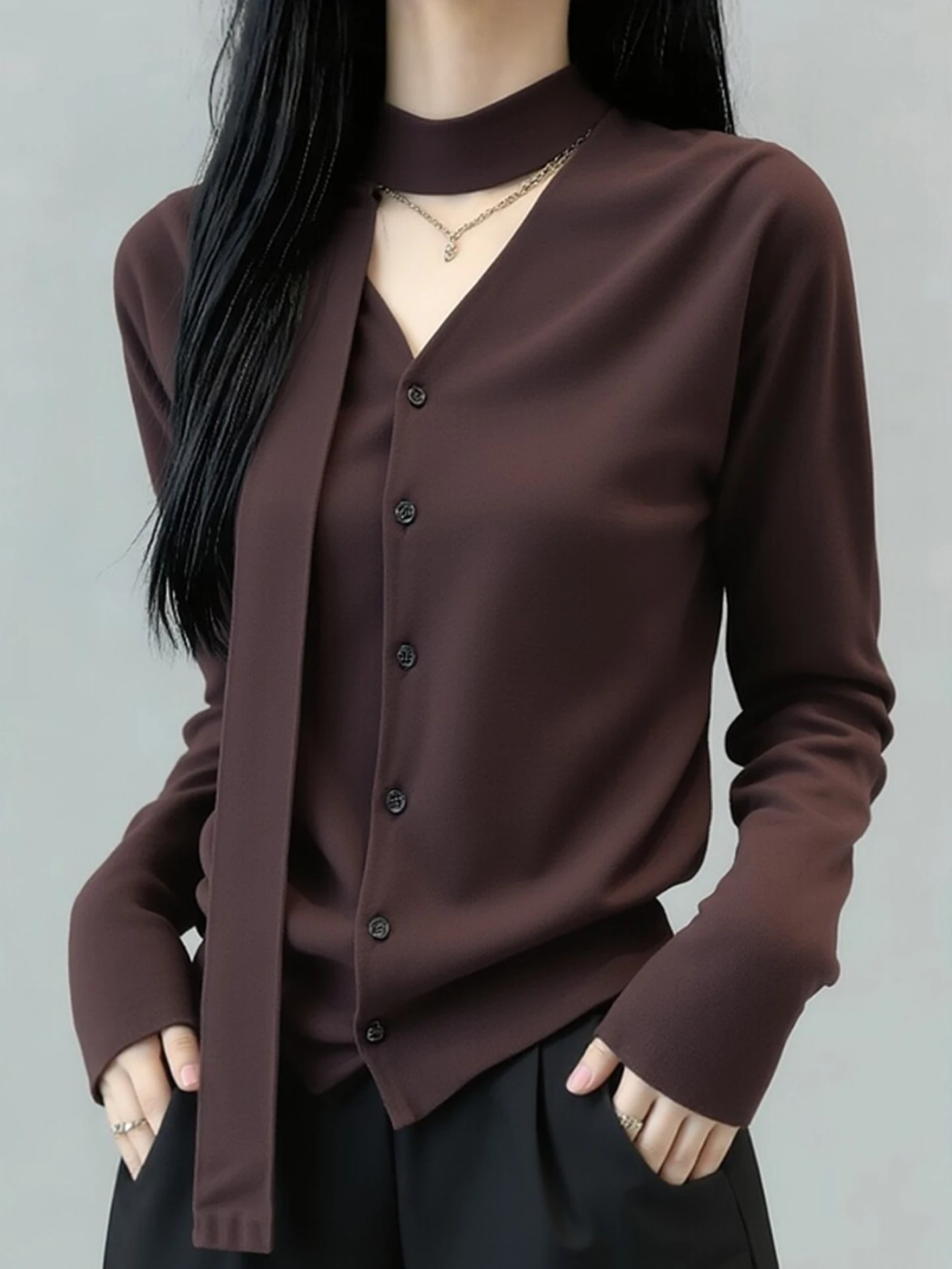 

Ele V-Ne Long Sve Knitwear with Sa Commute Sle Women's Faion Top Spring Season Korean Version Straight Cut