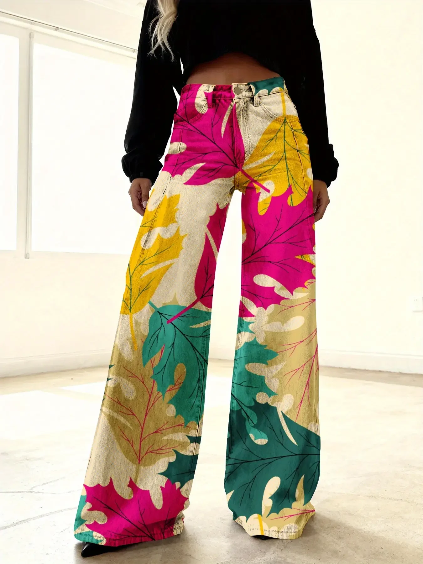 

Ladies' imitation denim pants with Santa Claus snowflake pattern autumn and Pink, yellow, and green maple leaf patterns