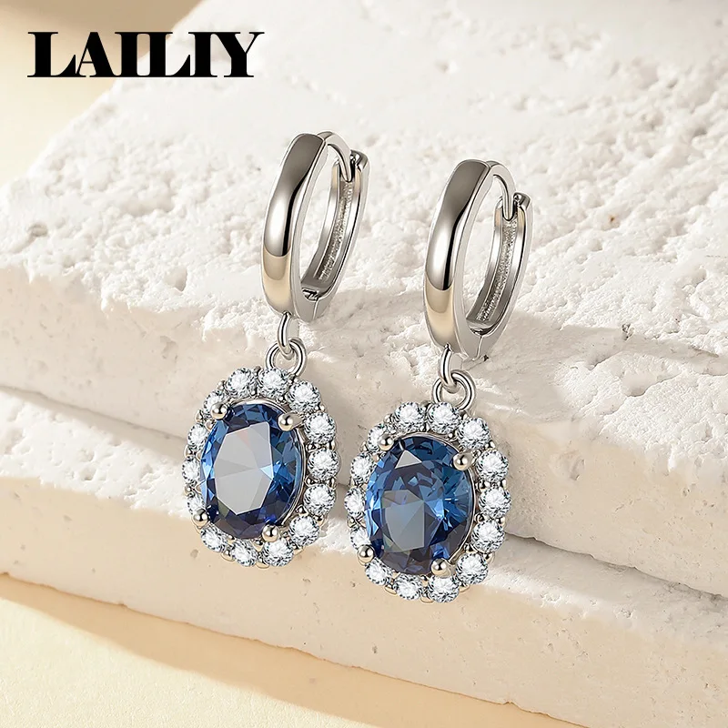 LAILIY925 Sterling Silver Birthday Gift Party Diamond set Oval Gemstones Micro painted Earrings For Women Fashion Jewelry