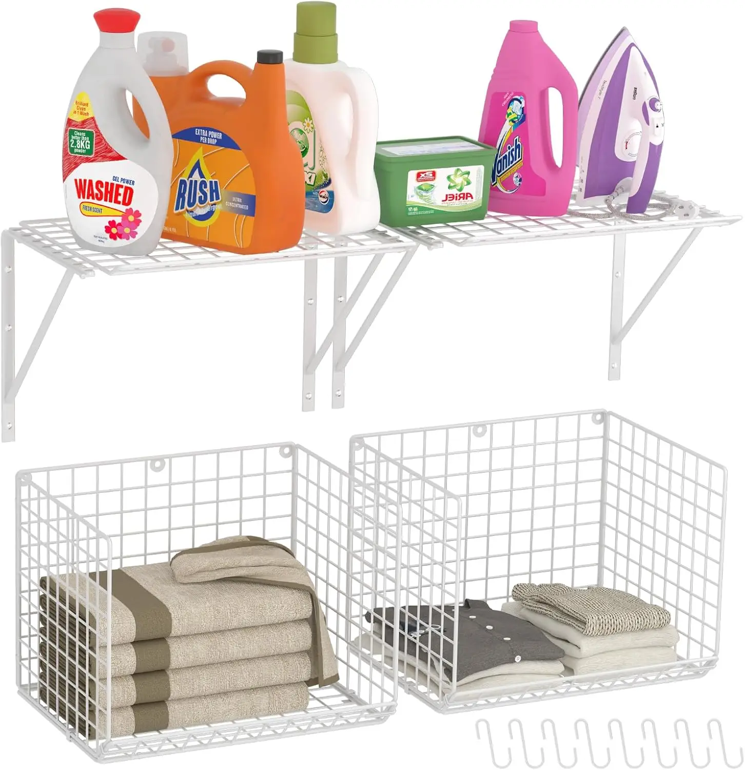 

2-Pack Wall-Mounted Laundry Shelves with Wire Baskets and Drying Rack, White for Closet Organization