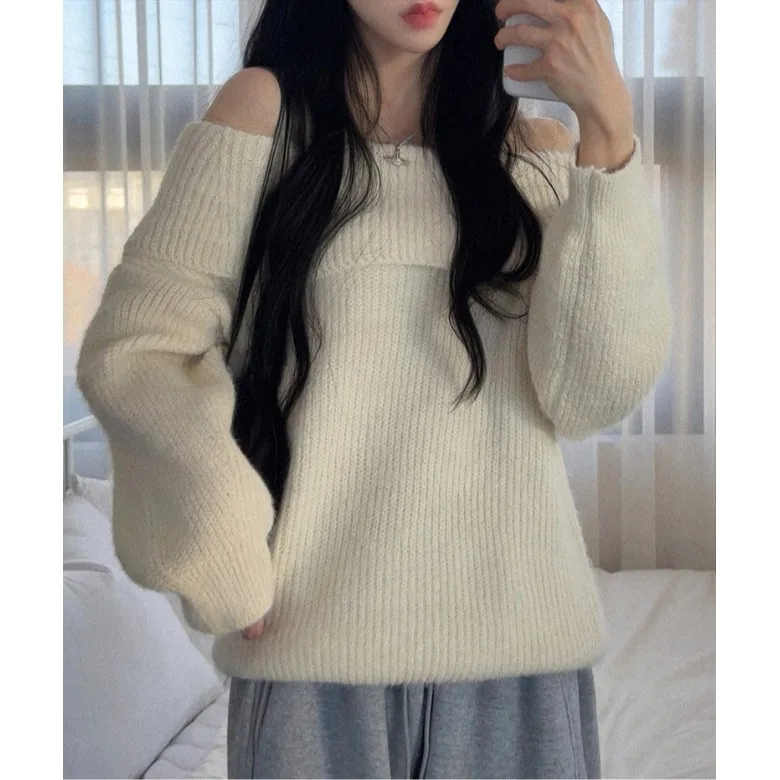 

Стильный утепленный вязаный свитер с открытыми плечами, свободный базовый слой, осенне-зимняя новинка, уличная одежда для женщин, повседневная внутренняя одежда