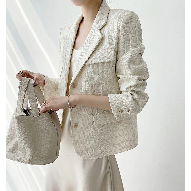 

Design Sense Suit Jacket Women's 2022 Spring and Autumn Ladies Temperament White Tweed Single-breasted High-quality Short Coat