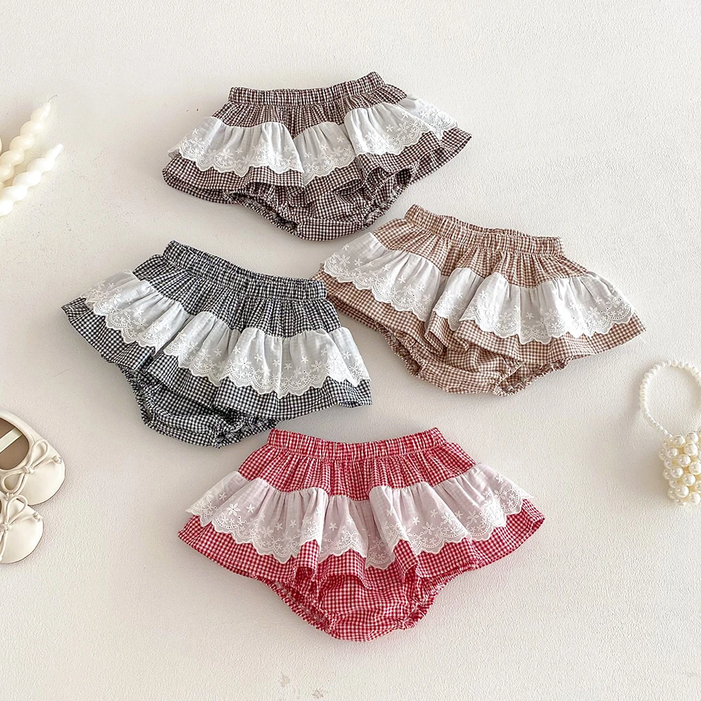 Baby Girls Plaid Skirt Shorts Kids Ruffles Lace Embroidery Pettiskirt Toddler Tutu Skirt Infant Bloomers PP Shorts 0-3t
