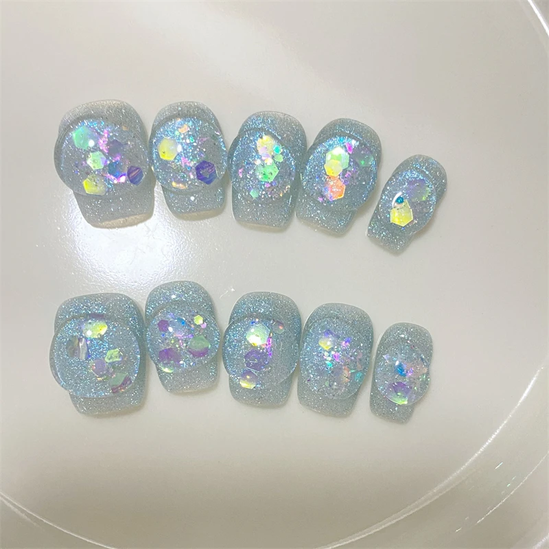 10 Uds. De uñas postizas cortas hechas a mano, decoración francesa con purpurina bonita, puntas de uñas postizas usables, conjunto de uñas de Ballet con lazo de perlas