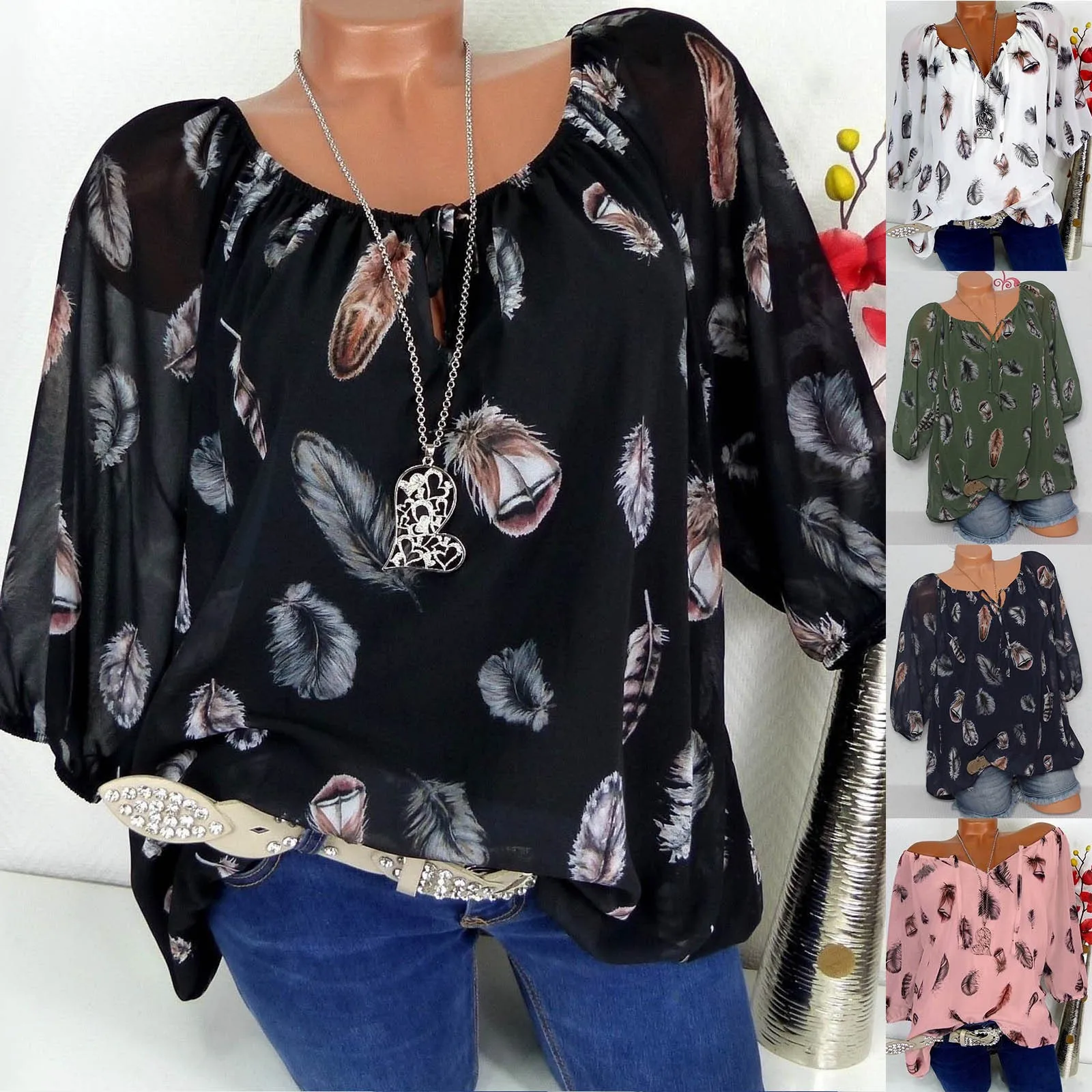 

Summer Feather Print Blouse Women Elegant Half Sleeve Work Shirt Fashion Lace Up V Neck Holiday Tops Bohemian Blusas Plus Size