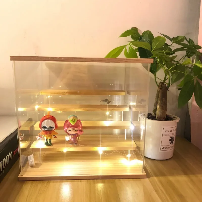 2-4 Tier Wooden Shelves Displaying Storage Box Riser Display Stand Case Led Light Clear Acrylic Showcase Figure Riser Perfume