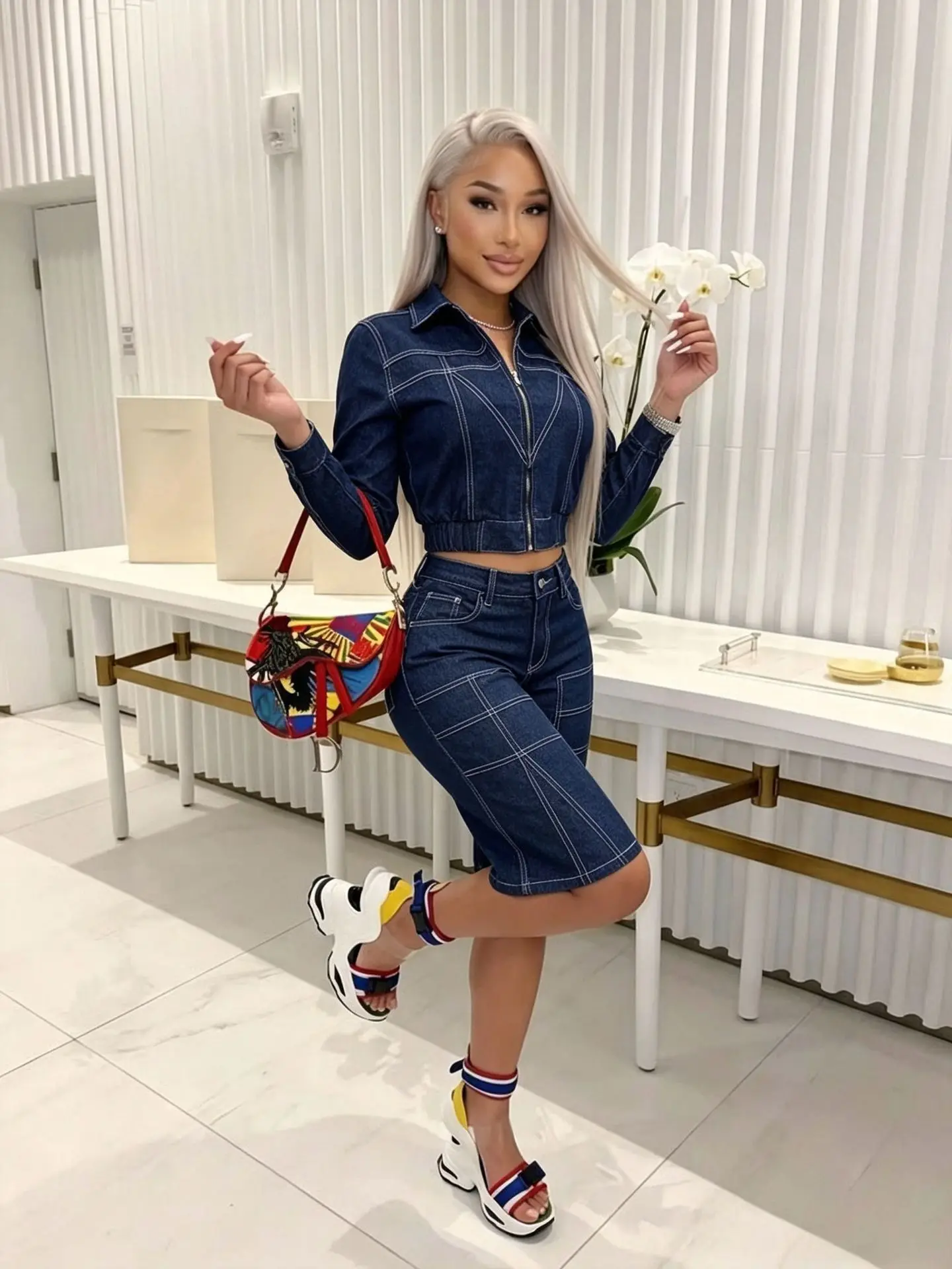 Retro Dark Wash Denim Shorts Two Piece Sets Fashion Patchwork Zip Crop Jean Jacket + Wide Leg Shorts Outfits Streetwear