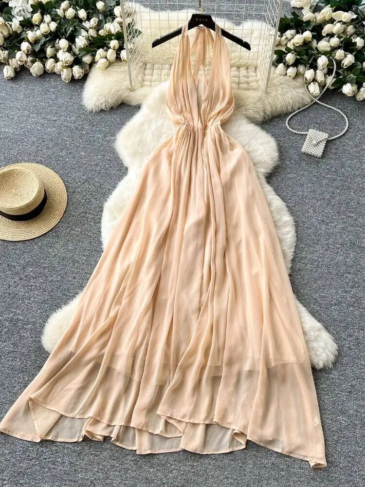 Abito estivo sexy da spiaggia con scollo a V e cinturino all'americana Abito lungo in chiffon senza schienale da donna Abito lungo Boho in chiffon a trapezio sottile da donna