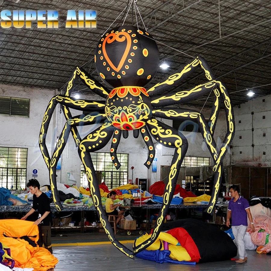 ديكور حفلات الهالوين، عنكبوت أسود مخيف قابل للنفخ مع منفاخ هواء لتزيين الاحتفال #4