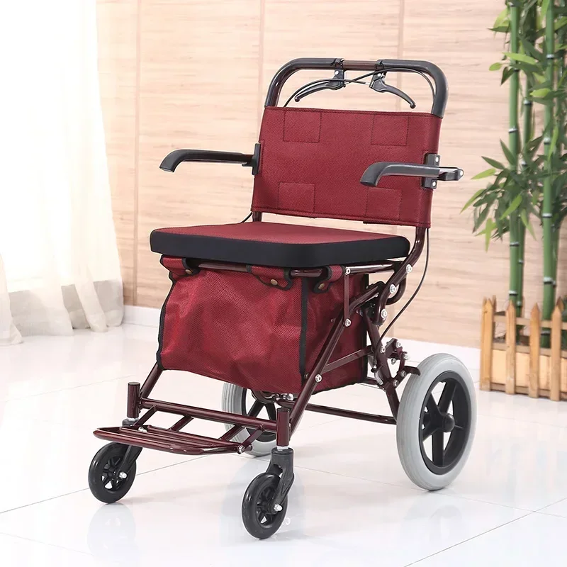 Senior's Four-Wheeled Shopping Cart, Fold Elderly Trolley Walker, Red Color Helper Crutch Double Brake and Big Storage Space