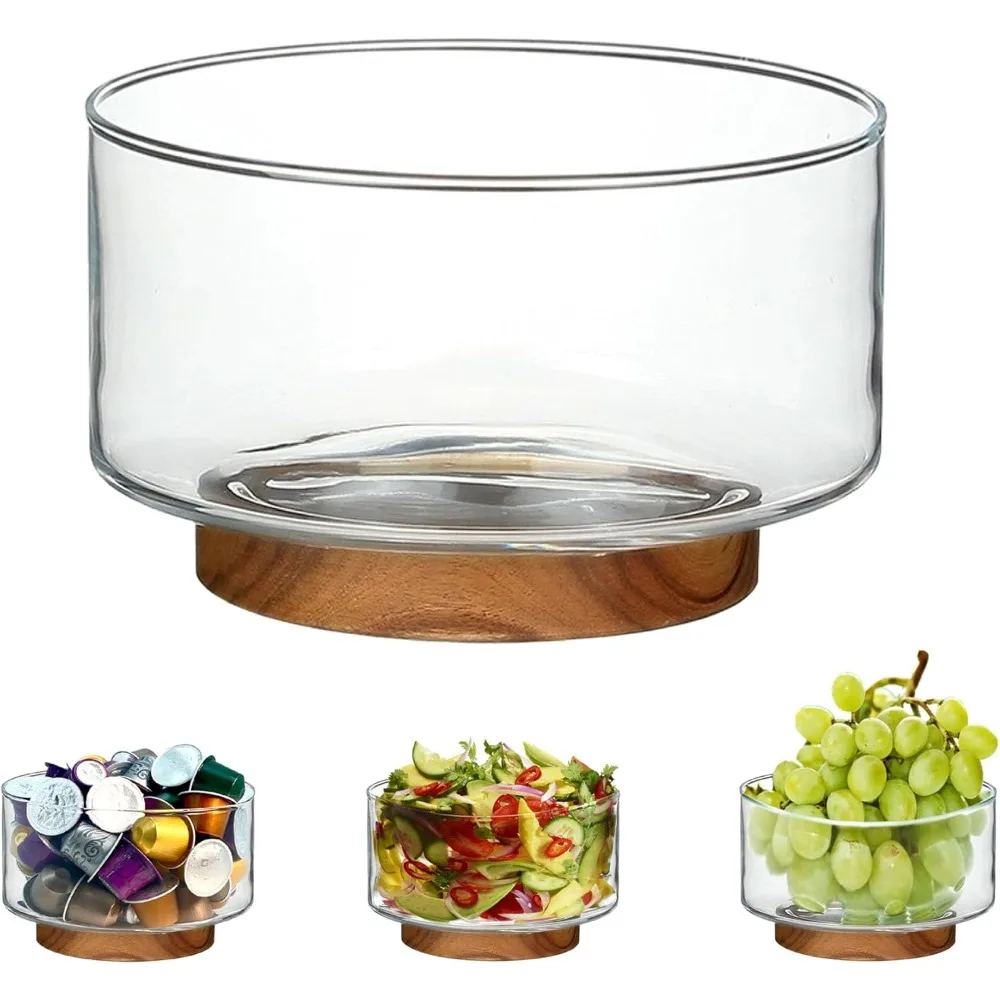

2700/3700ml Transparent Glass Salad Bowl Multifunctional Fruit Plate Acacia Wood Base Storage Box Home Kitchen Gadget