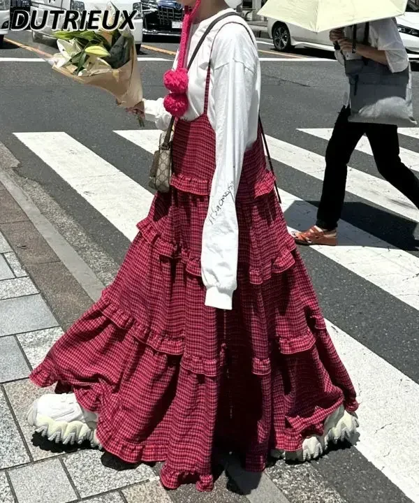 Vestido longo retrô estilo japonês feminino, saia solta sem mangas, alça ajustável de cinta de espaguete, vestido de babados em camadas, combina com tudo