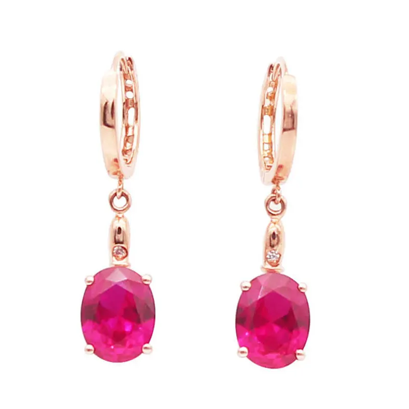 585 الأرجواني مطلية بالذهب 14K ارتفع الذهب مطعمة روبي البيضاوي أقراط للنساء الكلاسيكية سلسلة ضوء فاخر موضة مجوهرات الزفاف