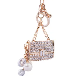 New White Shiny Rhinestones Bag Shape Key Ring Delicate Metal Pendant Charms Car Accessories