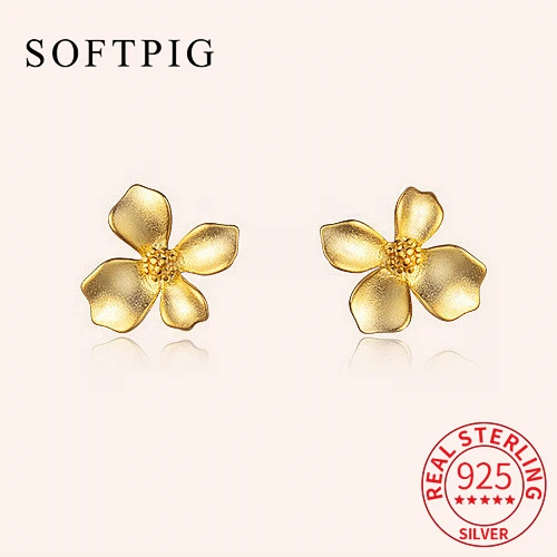 

SOFTPIG Real 925 Sterling Silver 18K Gold Flower Plant Stud Earrings For Charming Women Cute Fine Jewelry Minimalist Accessories