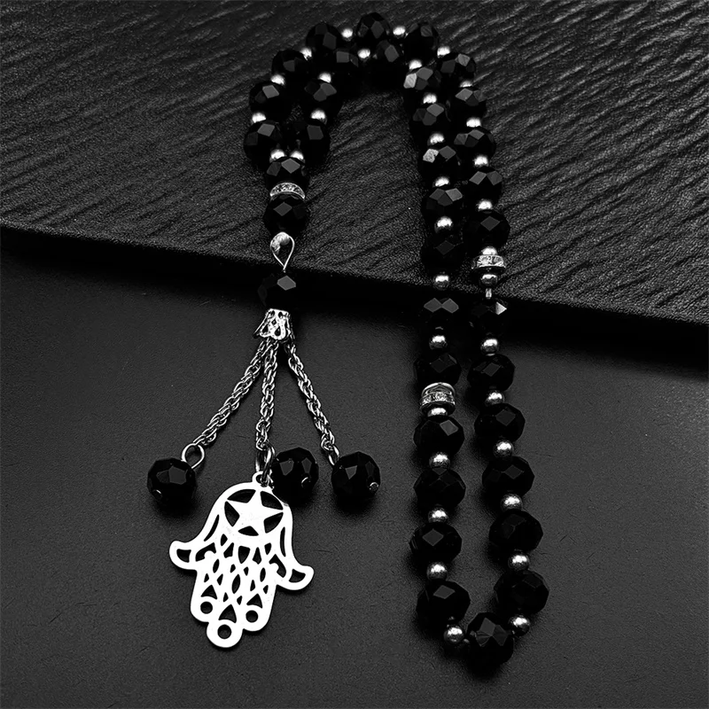 

Hand of Fatima Pentagram Car Pendant For Women Men Stainless Steel Silver Color Hollow Islam Glass Beads Jewelry Gifts