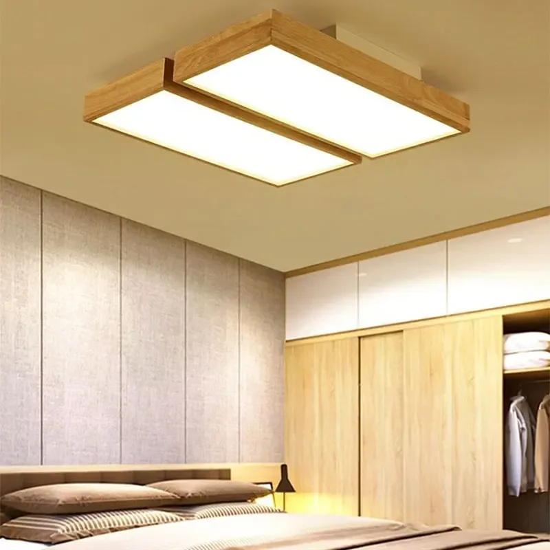 Wood Modern Minimalist Led Ceiling Lamp Lights For Bedroom Living Dining Room Kitchen Study Fixture Square Chandelier Lighting