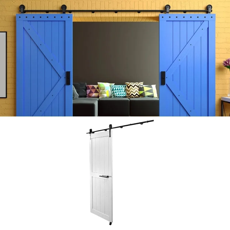 Door Hardware 6FT Sliding Bypass Barn Door Hardware Kit for Double Wooden Doors Heavy Duty Easy Install Black Bypass Barn