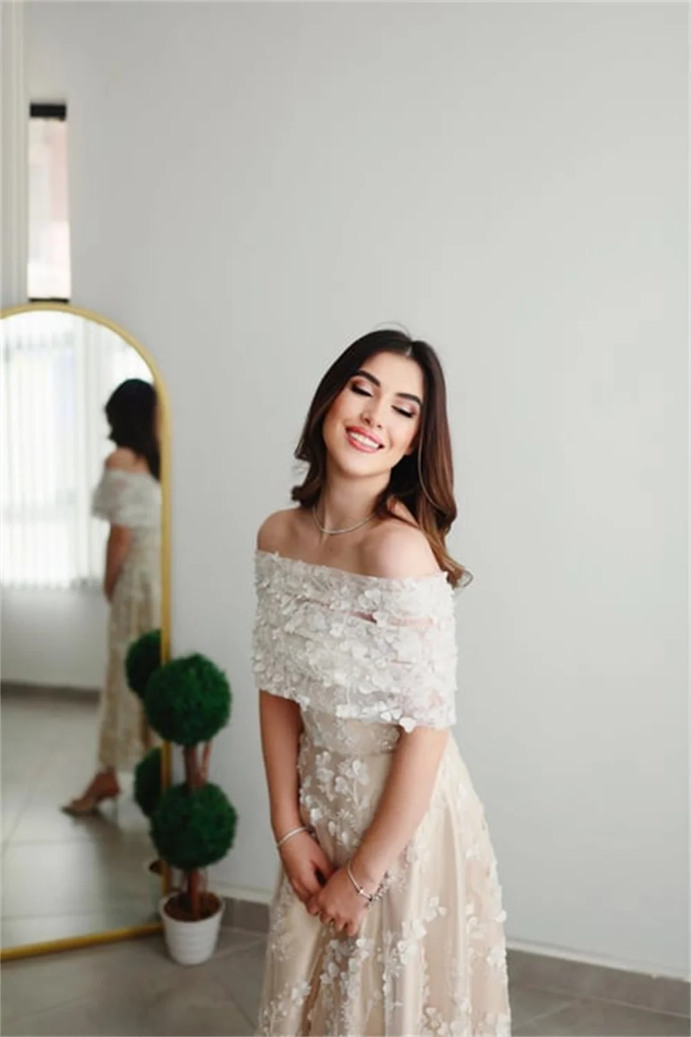 Bella Champagn Tulle Evening dresses Off the Shoulder A-line Vestidos De Fiesta Elegant Long Sleeves Ankle-length  فساتين سهرة