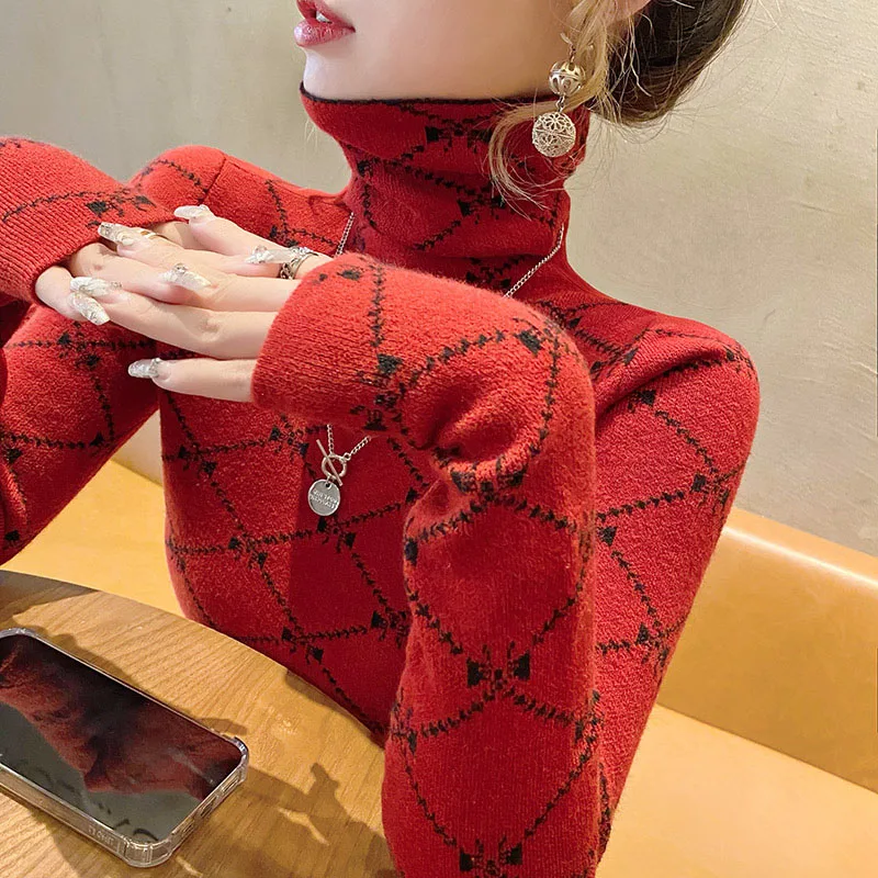 Office Lady Elegant Vintage Slim Knitted Pullover Sring Women Fashion Casual Soft Comfortable Elasticity Sweaters Turtleneck Top