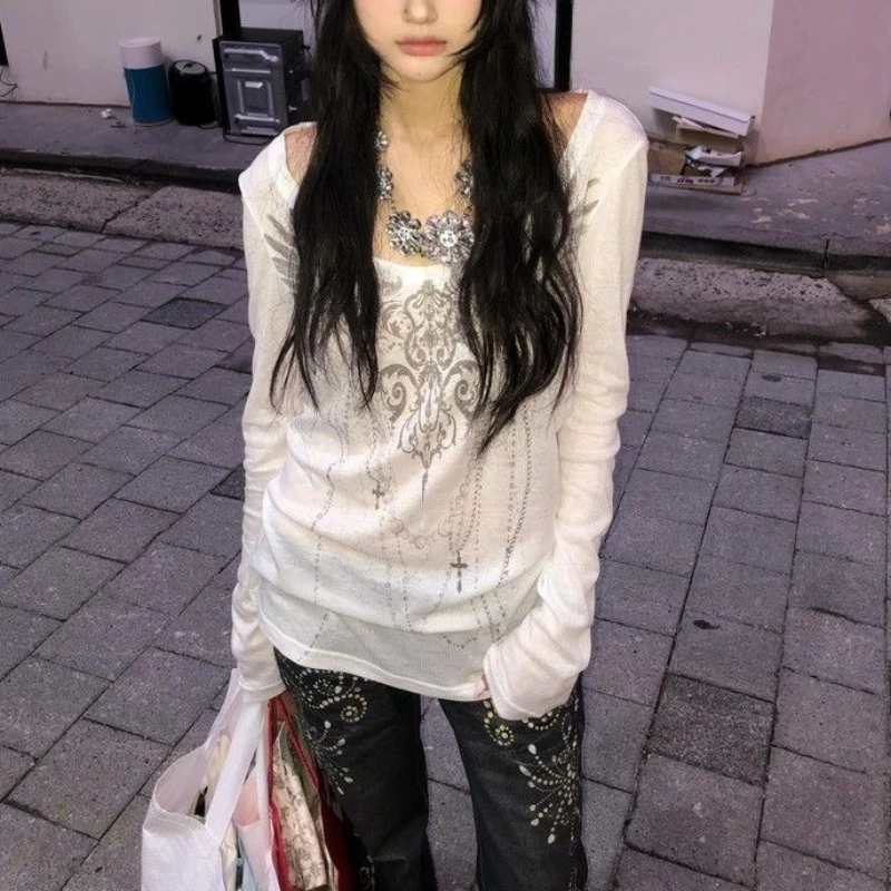 디자인 백 컷아웃 프린트 긴팔 티셔츠 여성용 신상 여름 라이트 화이트 자외선 차단 커버업 탑 Y2k 캐주얼 의상 2025 신상