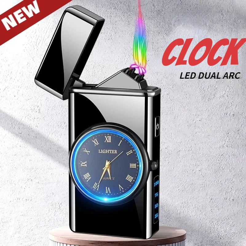 

Metal Clock Dual Arc Lighter LED Display USB Rechargeable Portable Flameless Lighter Outdoor Camping Flashlight Men's Gifts 2024