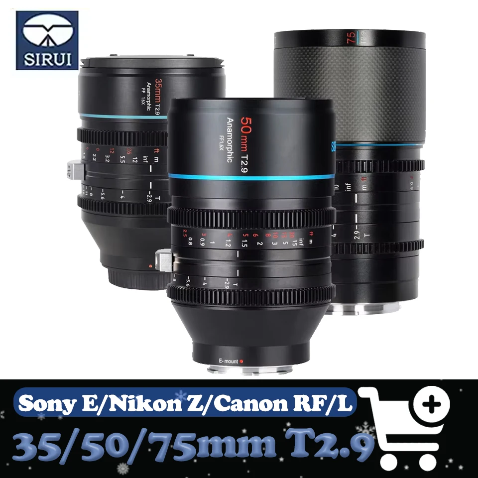 Sirui 35mm 50mm 75mm T2.9 1.6X Anamorphic Lens Full Frame Manual Focus Prime Cine Lens for Sony E Canon RF Nikon Z and L mount