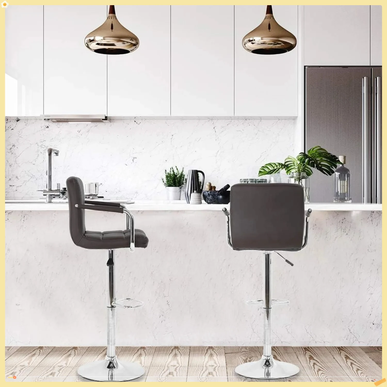 Juego de 2 taburetes de bar giratorios ajustables modernos, taburetes de mostrador de cuero PU con reposabrazos para bar de cocina y pub en casa