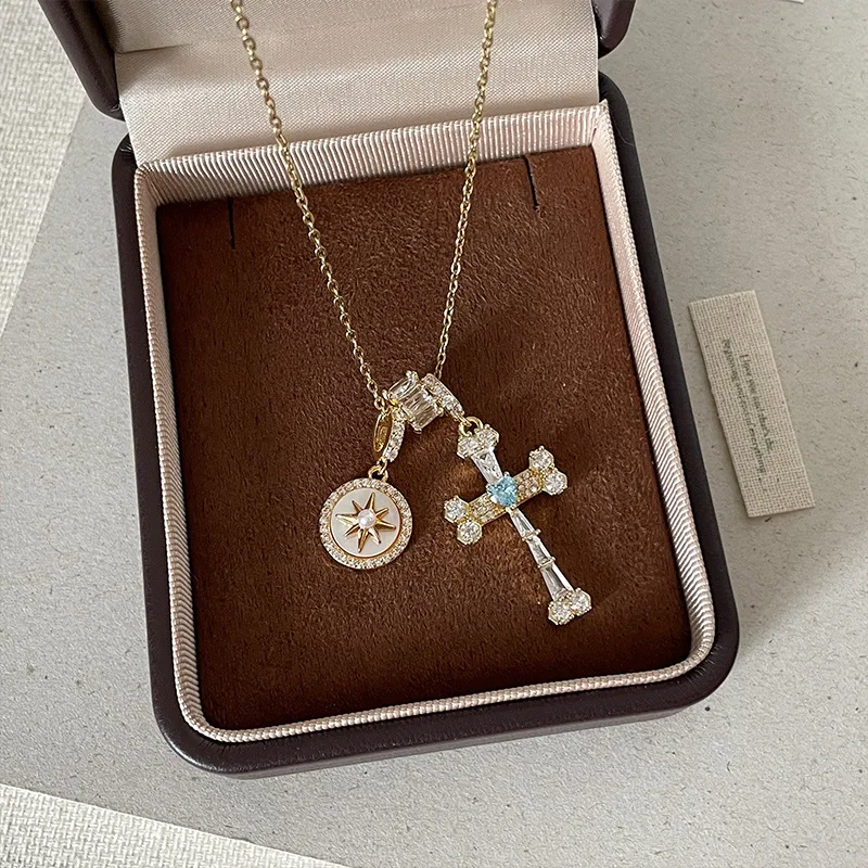 Minar Creative Pink Blue Full CZ Zircon Cross White Fritillary Starburst Roudn Coin Pendant Necklaces for Women O-chain Chokers
