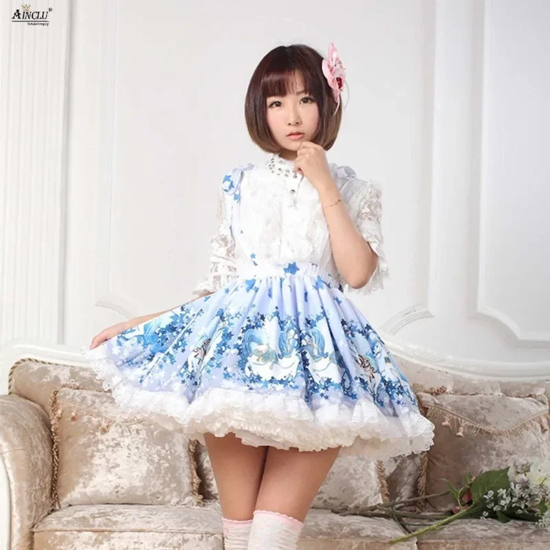 Blue Lolita Skirt Polyester Lace Deer Pony Prined Lolita Suspender Fresh Cute Princess Skirts Spring Autumn Dress