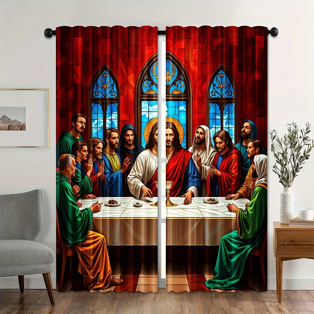 2pcs Last Supper Curtains Jesus Disciples Religious Art Print Drape Christian Living Room Window Treatment Biblical Home Decor