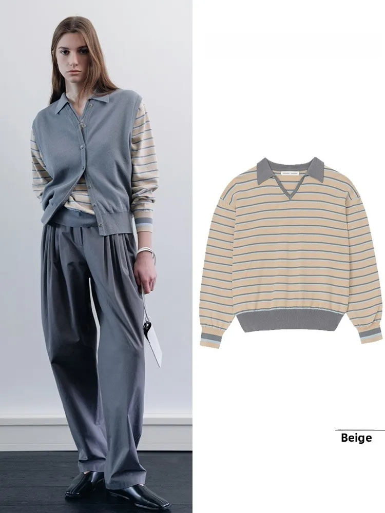 

Весна 2026: Женский винтажный трикотаж с V-образным вырезом, в стиле колор-блок, в полоску, повседневный, с длинным рукавом, из хлопка, комфортный крой, корейская мода