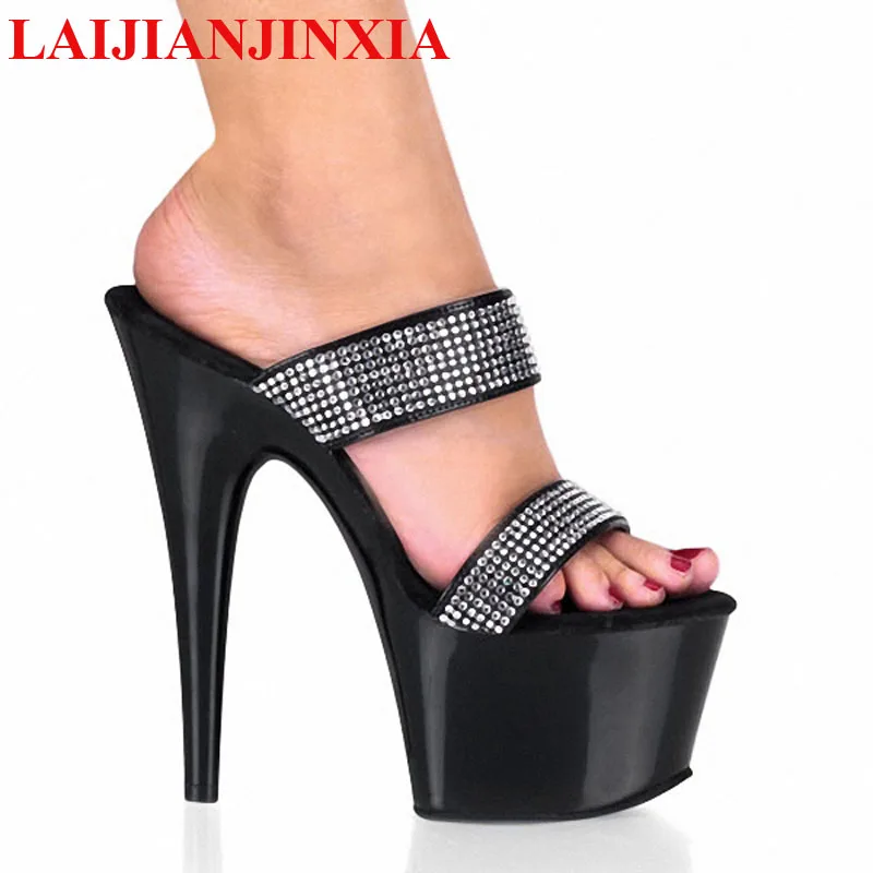 LAIJIANJINXIA New PU Sexy Exotic Pole Dancing Shoes Summer Women Slippers 17CM High Heels Size 34-46 G006