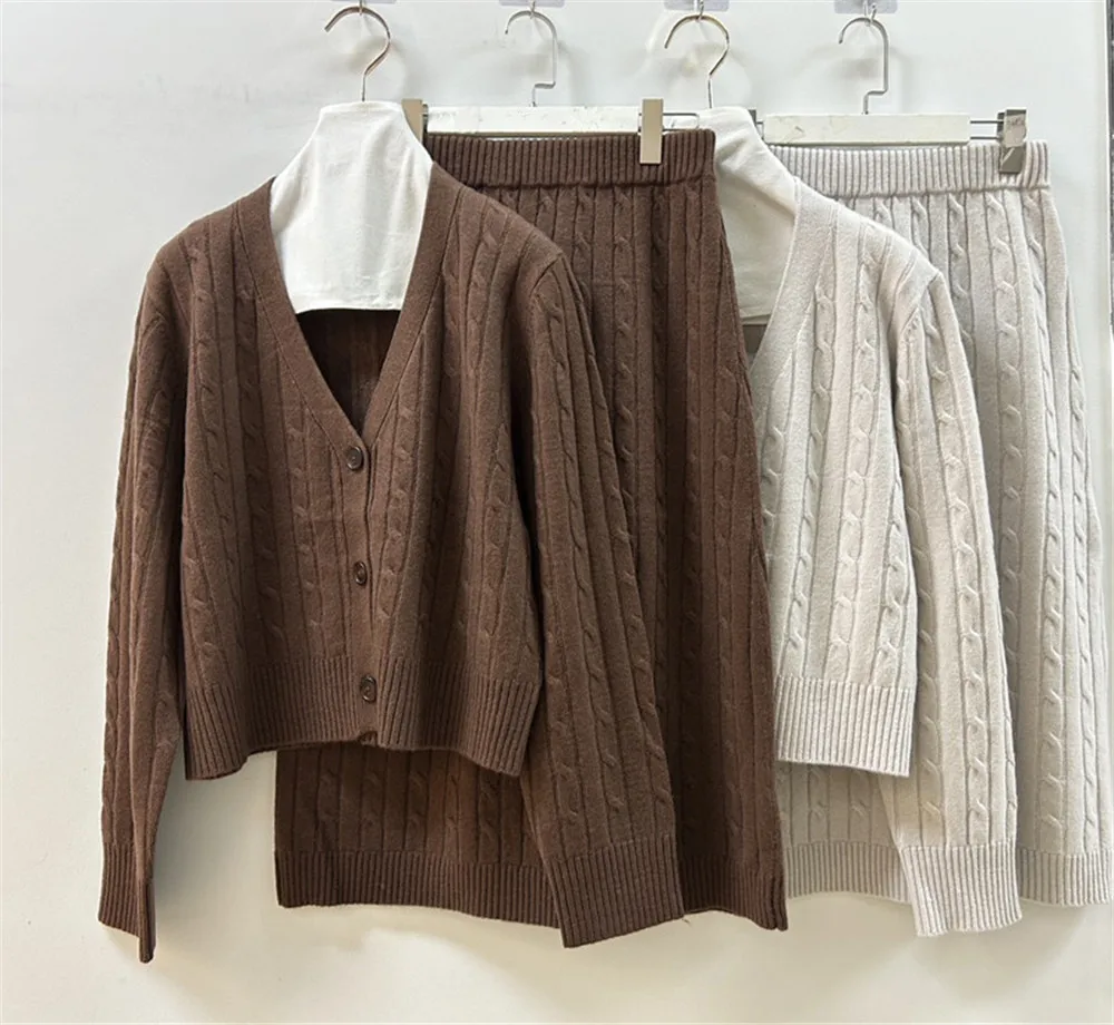 Women's Clothing 2-Piece Set Cable Knitted Cardigan Sweater + Hip-Wrapped Half-length Skirt Casual Suit