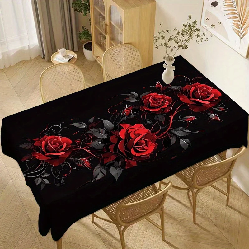 VIKAMA Rose Black Red Flower Gray Leaf Rectangular Tablecloth Washable Dining Table Cover for Kitchen Party Home Decoration