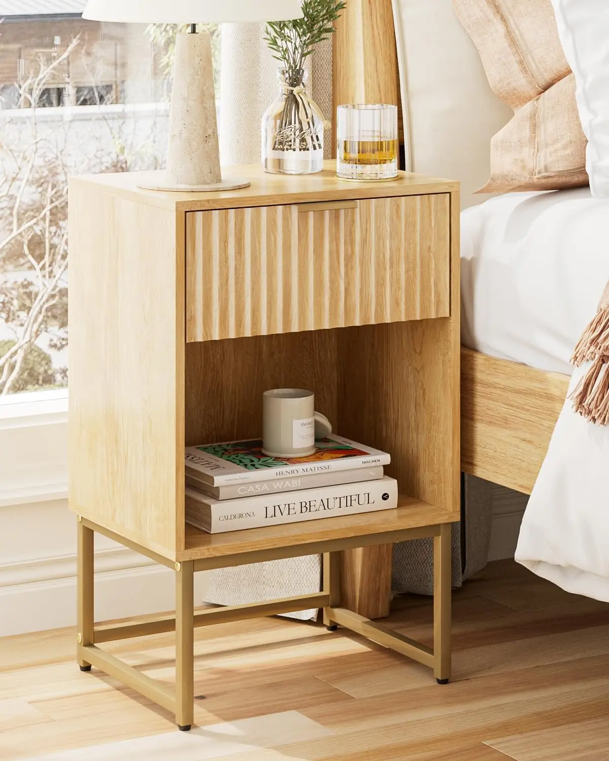 

Fluted Nightstand,Modern Night Stand Wood Bedside Table with Storage Drawer Side End Table for Bedroom,Living Room,Office,Oak