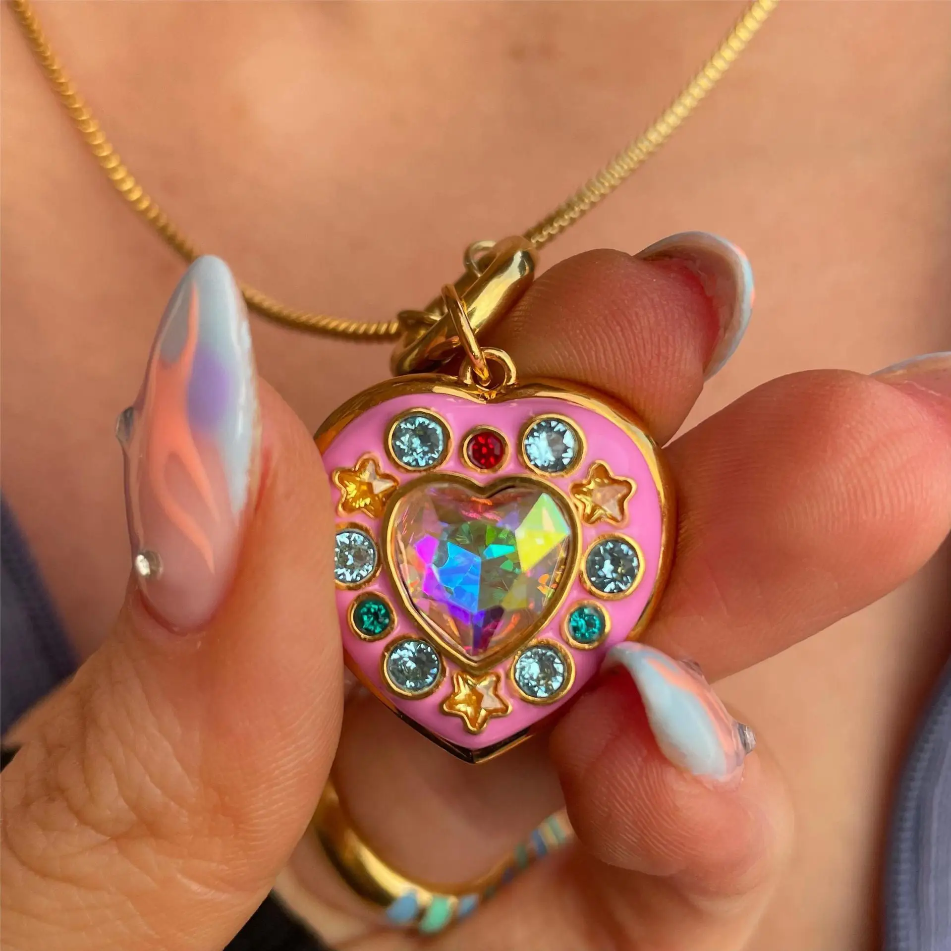 Pink Drip Glaze Heart-shaped Star Photo Locket Necklace Colorful Crystal Openable Pendant Necklaces Women Memorial Jewelry Gifts