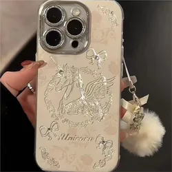 Luxury Silver Unicorn Phone Case For iPhone 15 13 12 11 14 Pro Max XS XR X Camera protection Coque