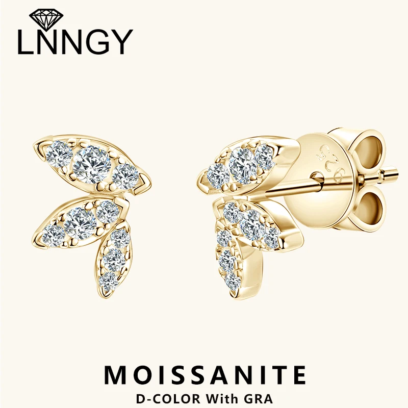 

Lnngy 925 Sterling Silver Leaf-Shaped Earring Bling Moissanite Stud Earrings For Women 2024 Trending Piercing Ear Jewelry Gift