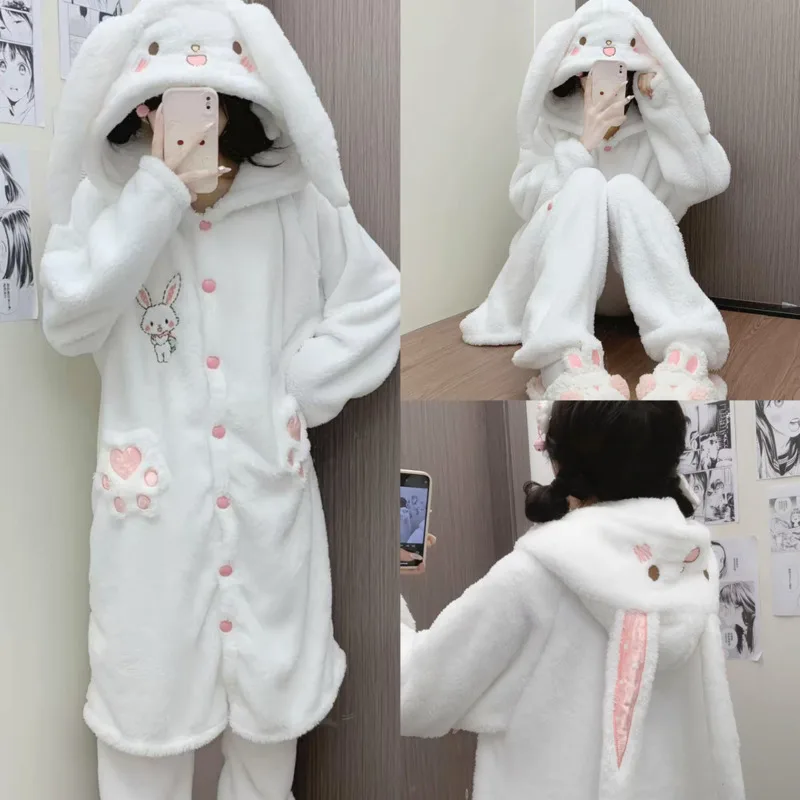 

3D Ugly Wishing Rabbit Pajama Women Winter Funny Ins Cat Claw Coral Velvet With Thick Plush Cute Rabbit Long Robe Pajama Set New