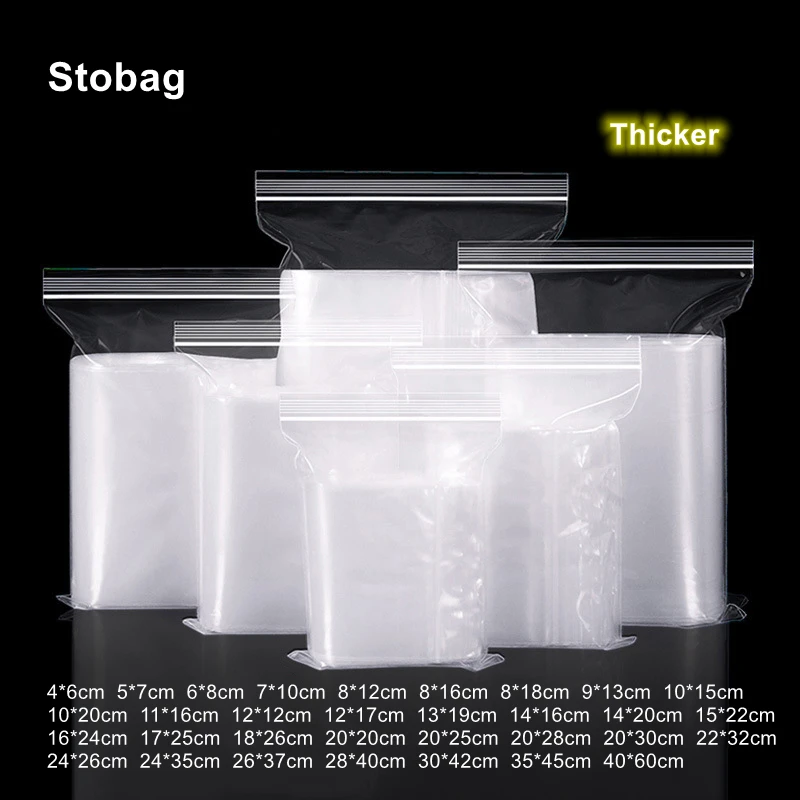 StoBag-bolsa de plástico transparente con cierre hermético, embalaje de alimentos sellado grueso, impermeable, pequeño, grande, transparente,