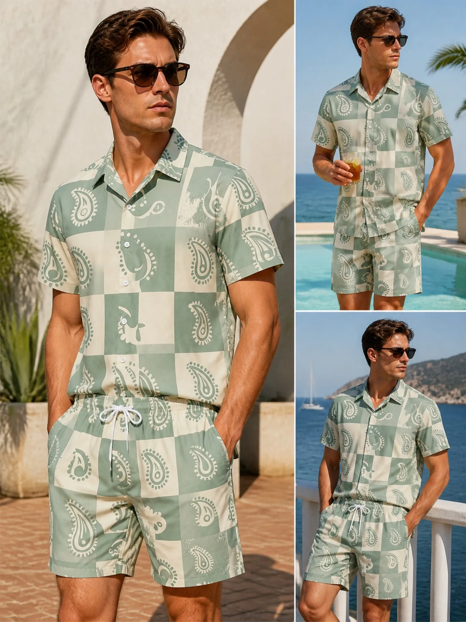 Mens Floral Short Sleeve Shirt and Drawstring Shorts Set Beach Vacation Matching Summer Two Piece Ca