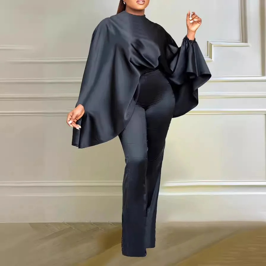 Satin Cloak And Pants Two Piece Sets Women Fashion Pure Color Batwing Sleeve Tops Outfits Spring Summer High Waist Pants Suit
