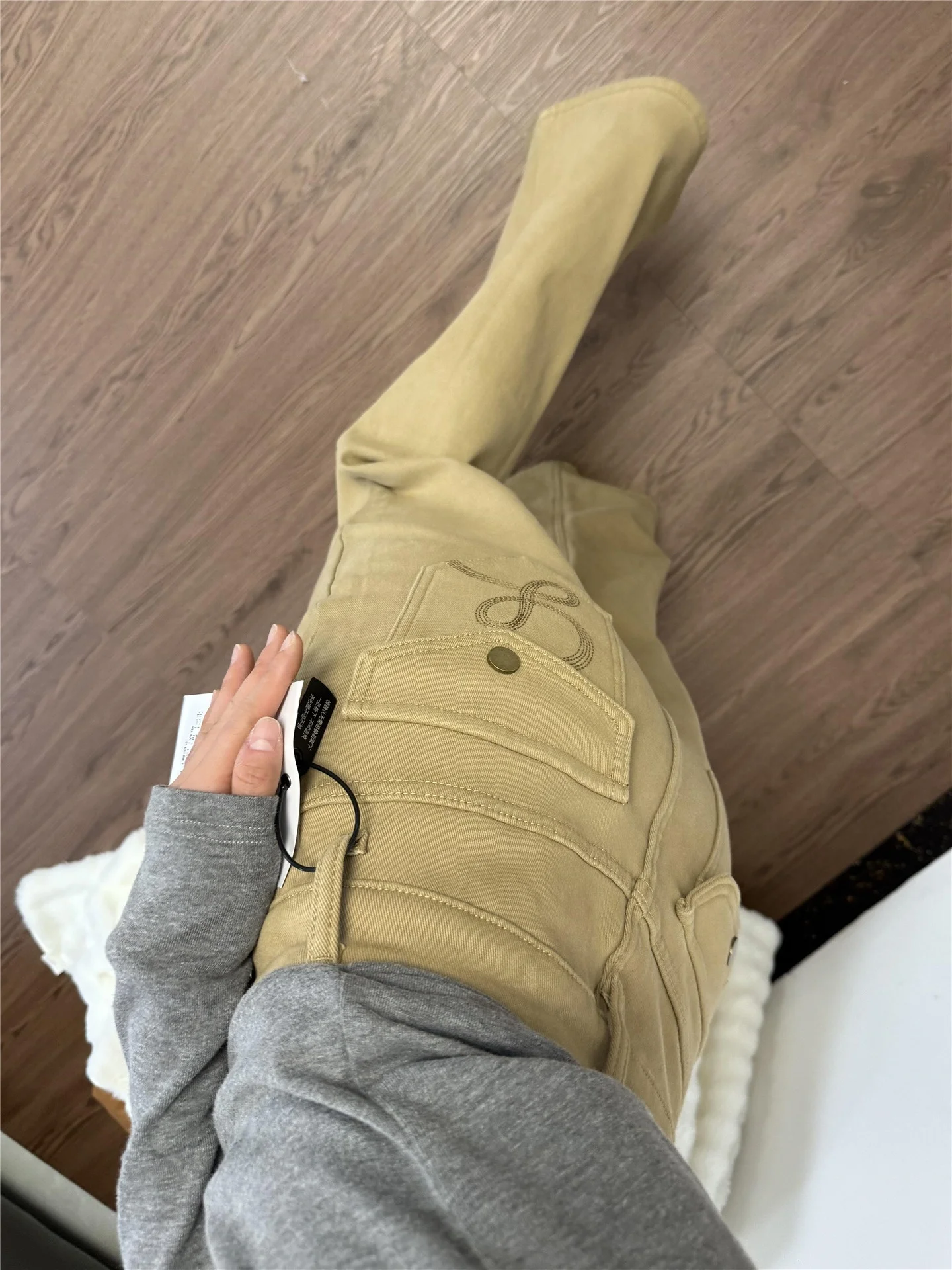 

Retro Khaki Flared Jeans Women's Spring Autumn High Waist Loose Slimming Tall Extended Embroidered Wide Leg Pants