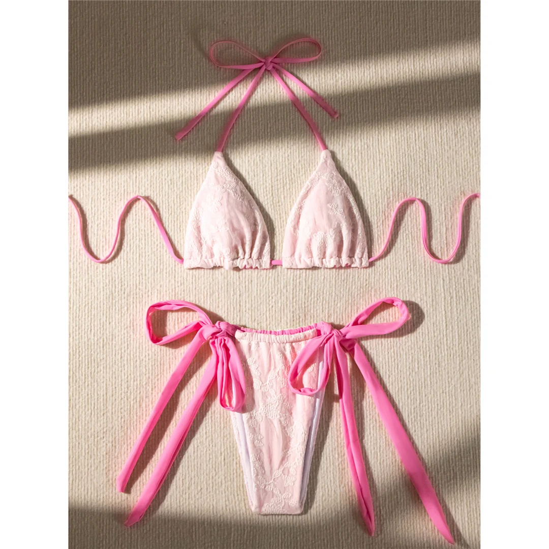 Bestickter Neckholder-Bikini mit Trägern, Damen-Badeanzug, zweiteiliges Bikini-Set, hoch geschnittener Badeanzug, Badebekleidung, Modell V5432 – Detail 13
