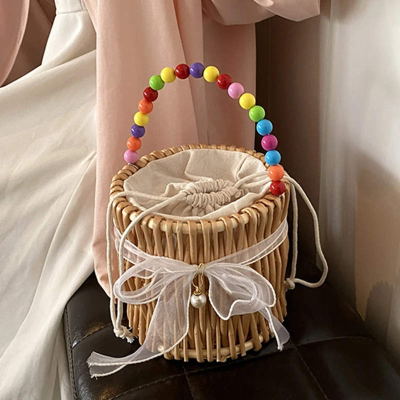 Vine Weaving Handwoven Handbag Luxury Vacation Travel Beach  Women\'s Bag lace Pearl String Design Small Basket phone bag Wallet