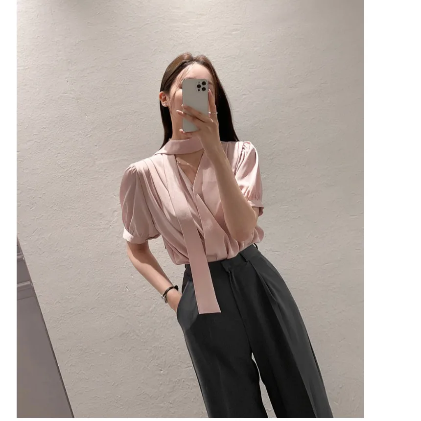 بلوزة نسائية أنيقة على الطراز الكوري لفصل الربيع، تصميم عصري بسيط، قميص بحمالات رفيعة، نمط عملي، خصر مرتفع، أكمام منتفخة قصيرة