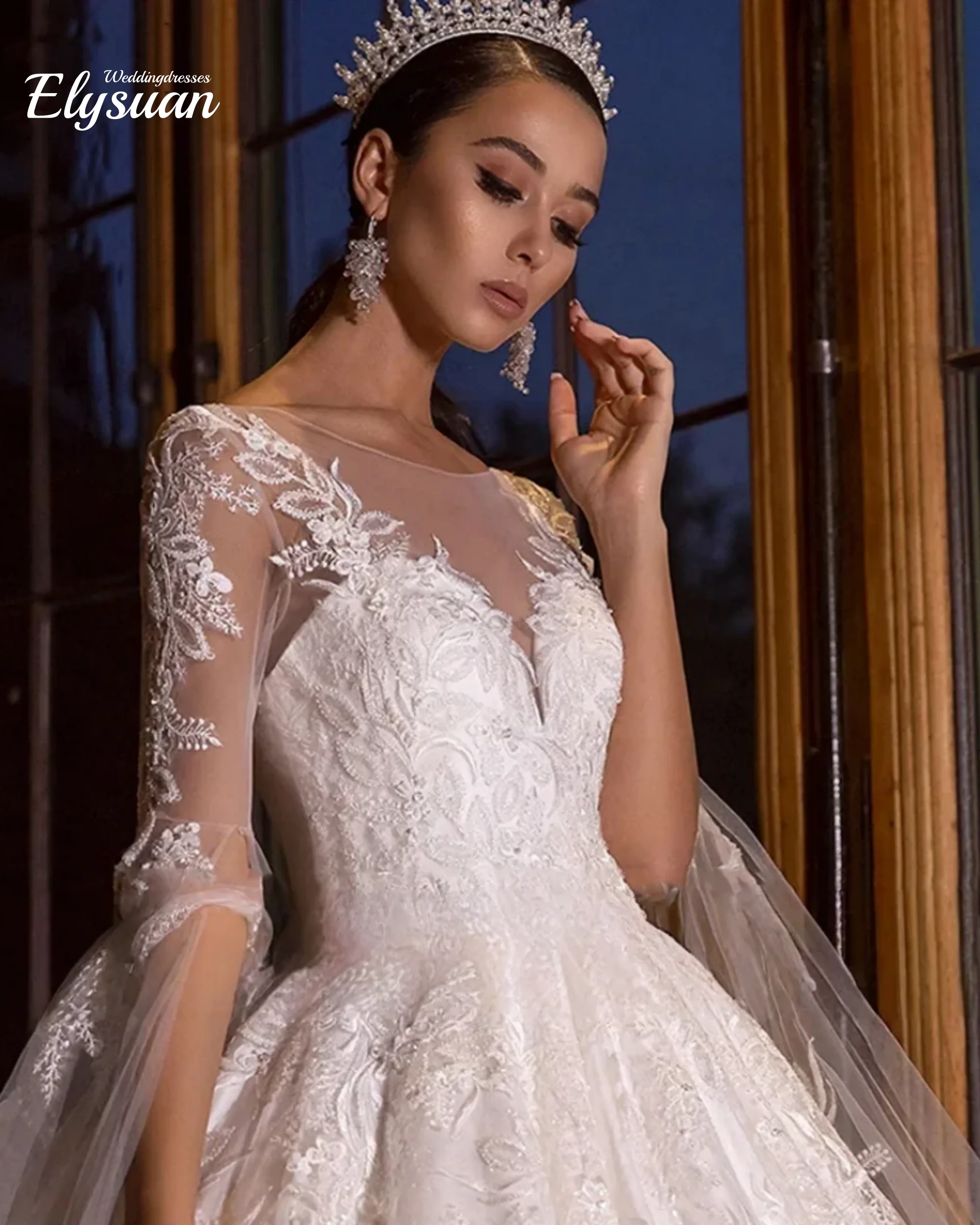 

Изысканное свадебное платье-баллон на заказ с вырезом-лодочкой, кружевом, длинными рукавами и шлейфом-чапел. Vestidos De Novia.